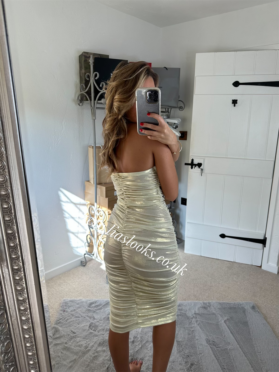 Ruched gold outlet dress