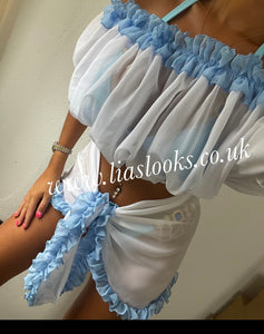 Frilly Ruffle White/Sky Blue Combo Sarong