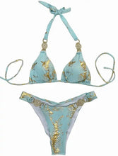 Load image into Gallery viewer, Baby Blue/Gold Snake Print Rhinestone Bikini
