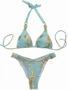 Baby Blue/Gold Snake Print Rhinestone Bikini
