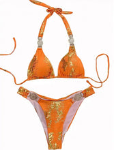 Load image into Gallery viewer, Orange/Gold Snake Print Rhinestone Bikini
