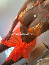 Load image into Gallery viewer, Orange/Gold Snake Print Rhinestone Bikini
