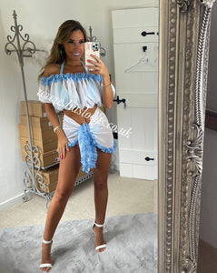 Frilly Ruffle White/Sky Blue Combo Sarong