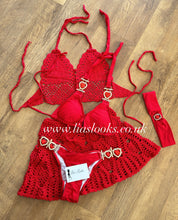 Load image into Gallery viewer, Ruby Red Heart Rhinestone Bikini &amp; Headband Set (3 Piece Set)
