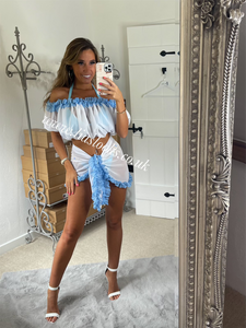 Frilly Ruffle White/Sky Blue Combo Two Piece Set