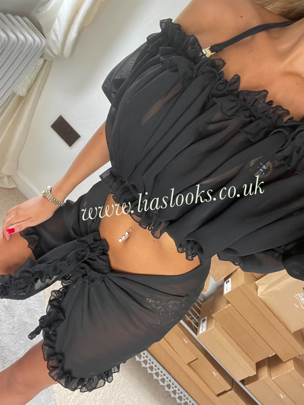 Frilly Ruffle Black Two Piece Set